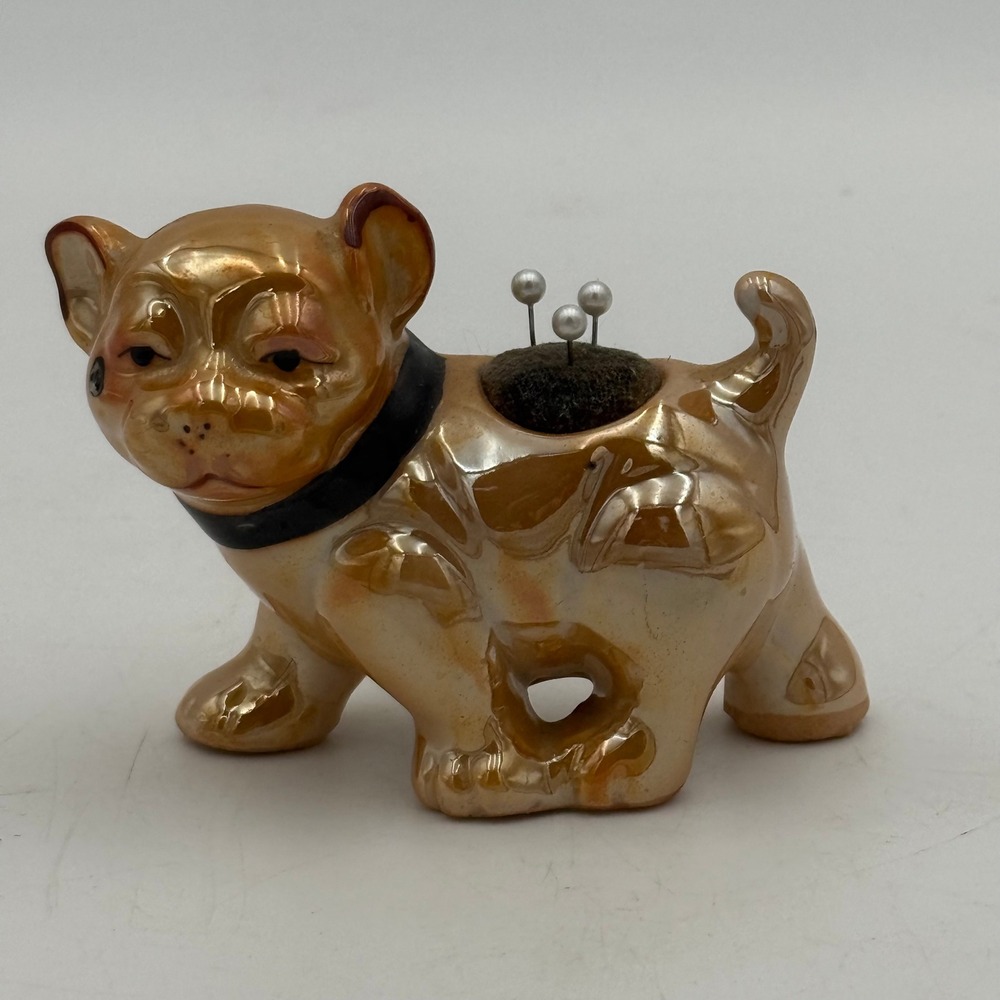 Vintage Lusterware Bulldog Pin Cushion Ceramic Figurine Made in Japan Gold 3.5in